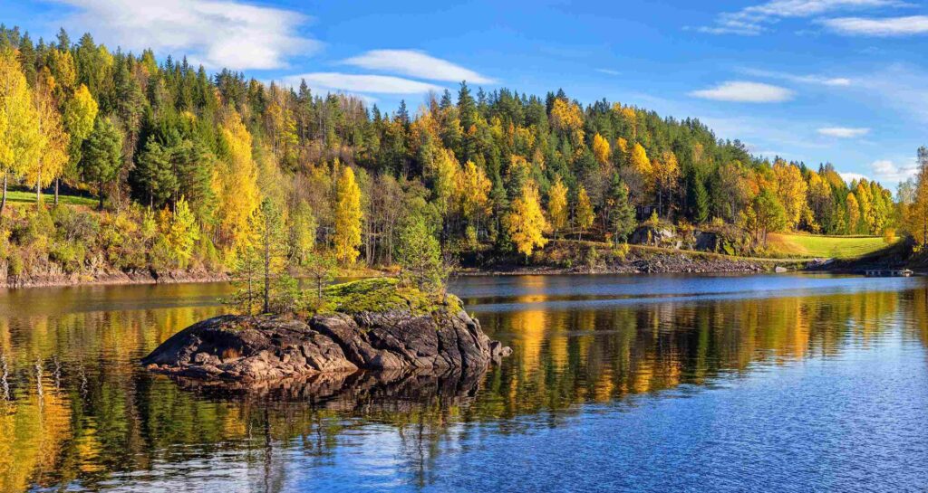 Høstfargede trær som speiler seg i elva, med en liten øy i forgrunnen – naturnært motiv fra Telemark i gyllent lys.